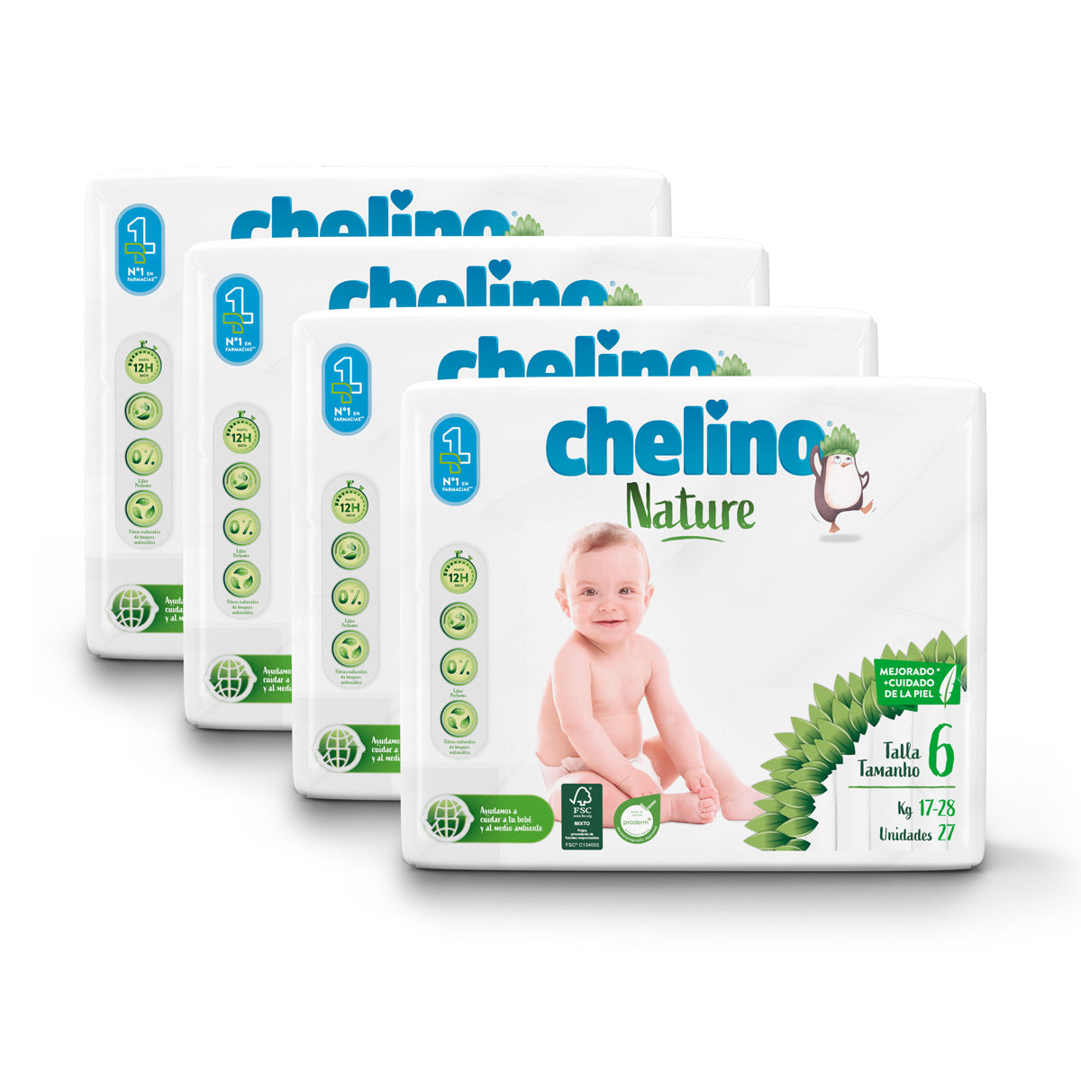 Fraldas Chelino Nature T6 17-28 kg - Embalagem de 108 unidades