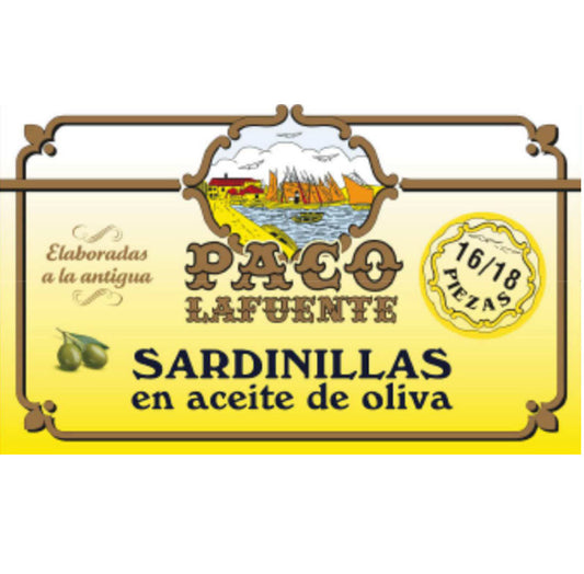 Sardinhas pequenas em azeite, 16-18 peças, lata de 85 g, Paco Lafuente