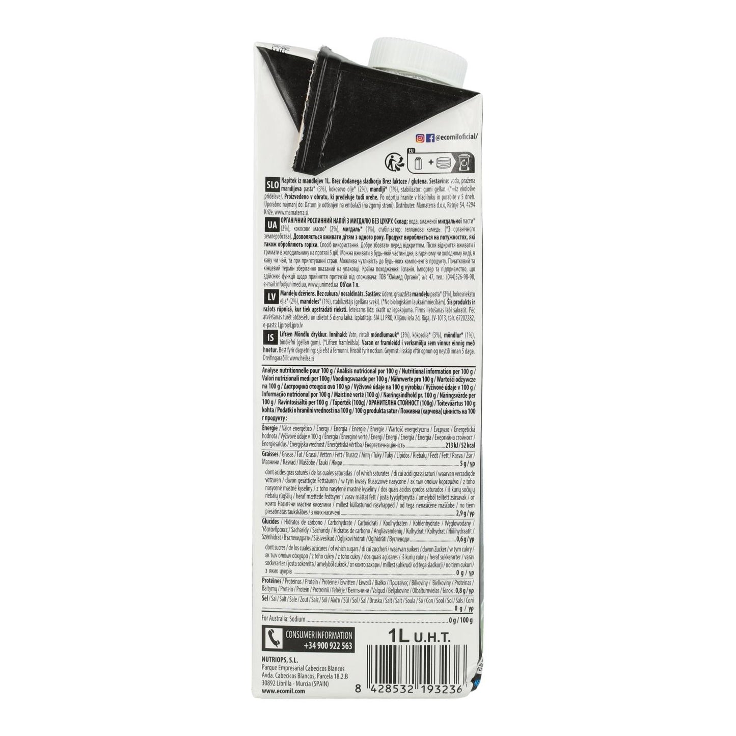 Bebida de Amêndoa Nature KETO BIO EcoMil 1L