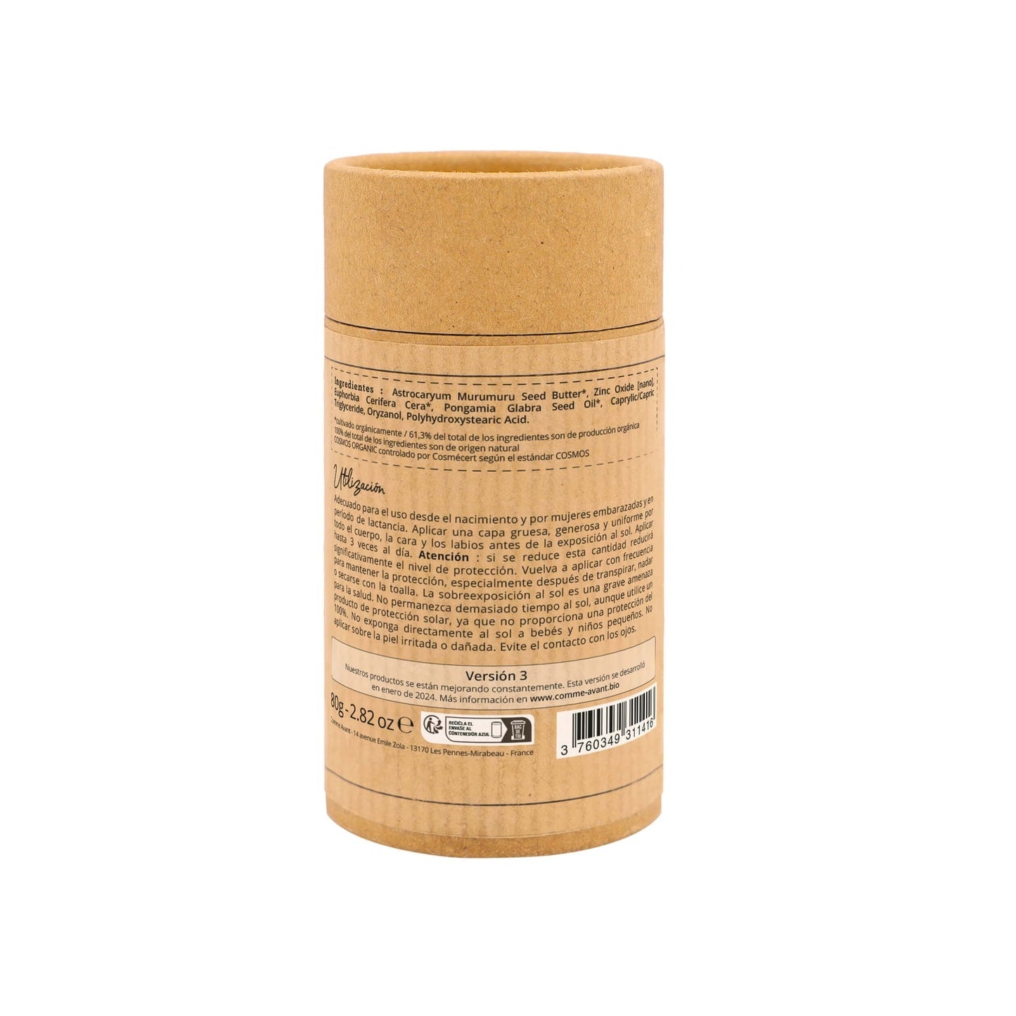 Protector solar mineral sólido SPF50 con aceite de Karanja  Sin perfume Comme Avant 80 g