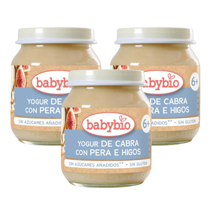 Embalagem de 3 iogurtes de leite de cabra com pera e figo Babybio 130 g