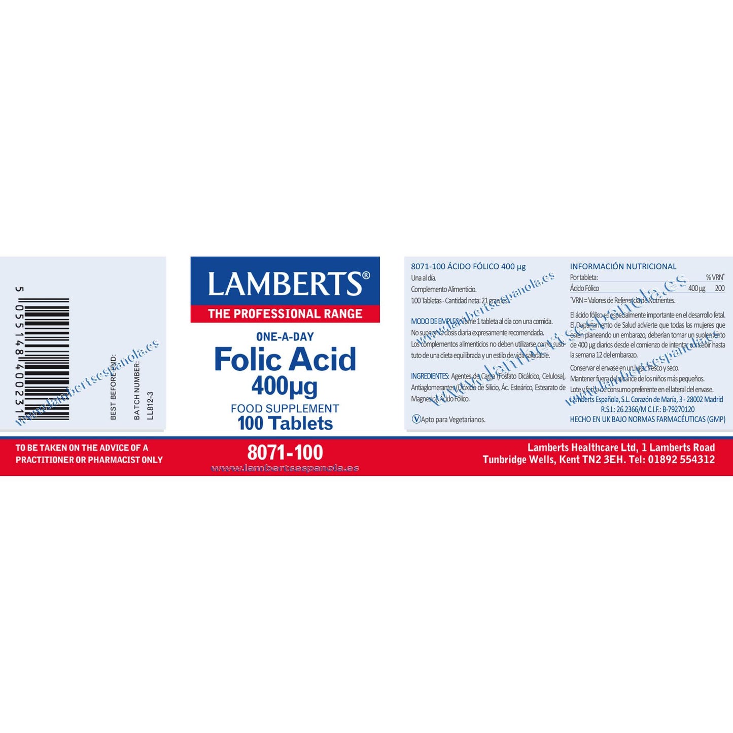 Ácido Fólico 100 comprimidos de 400 mcg, Lamberts