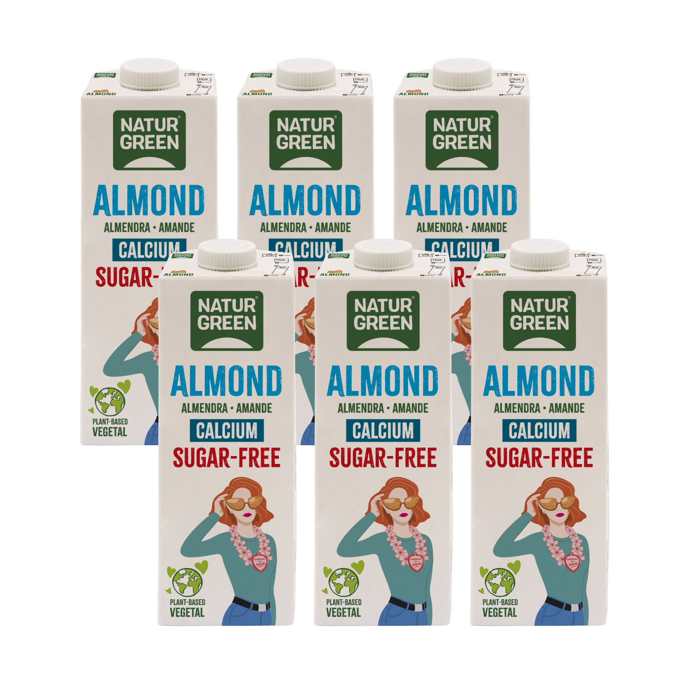 Embalagem de 6 bebidas de amêndoa sem açúcar NaturGreen com cálcio, 1 litro