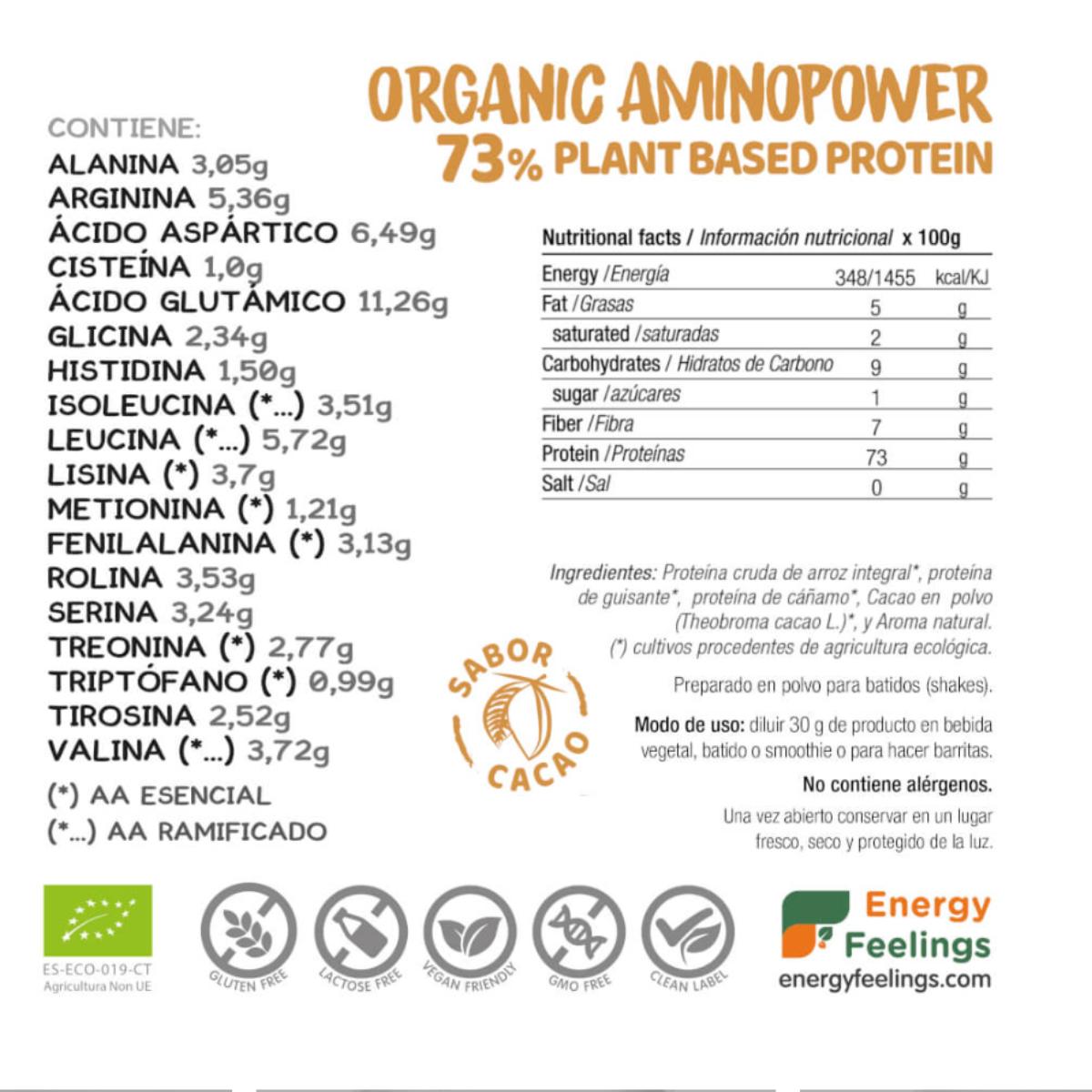 Proteína vegan Aminopower orgânica 73% Cacau Energy Feelings 500 g