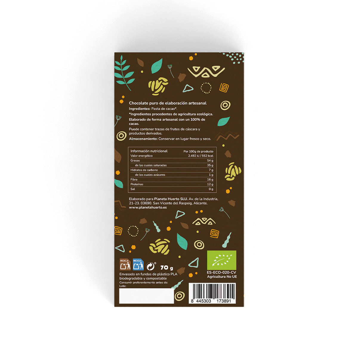 Tablete 100% cacau ECO Planeta Huerto 70 g
