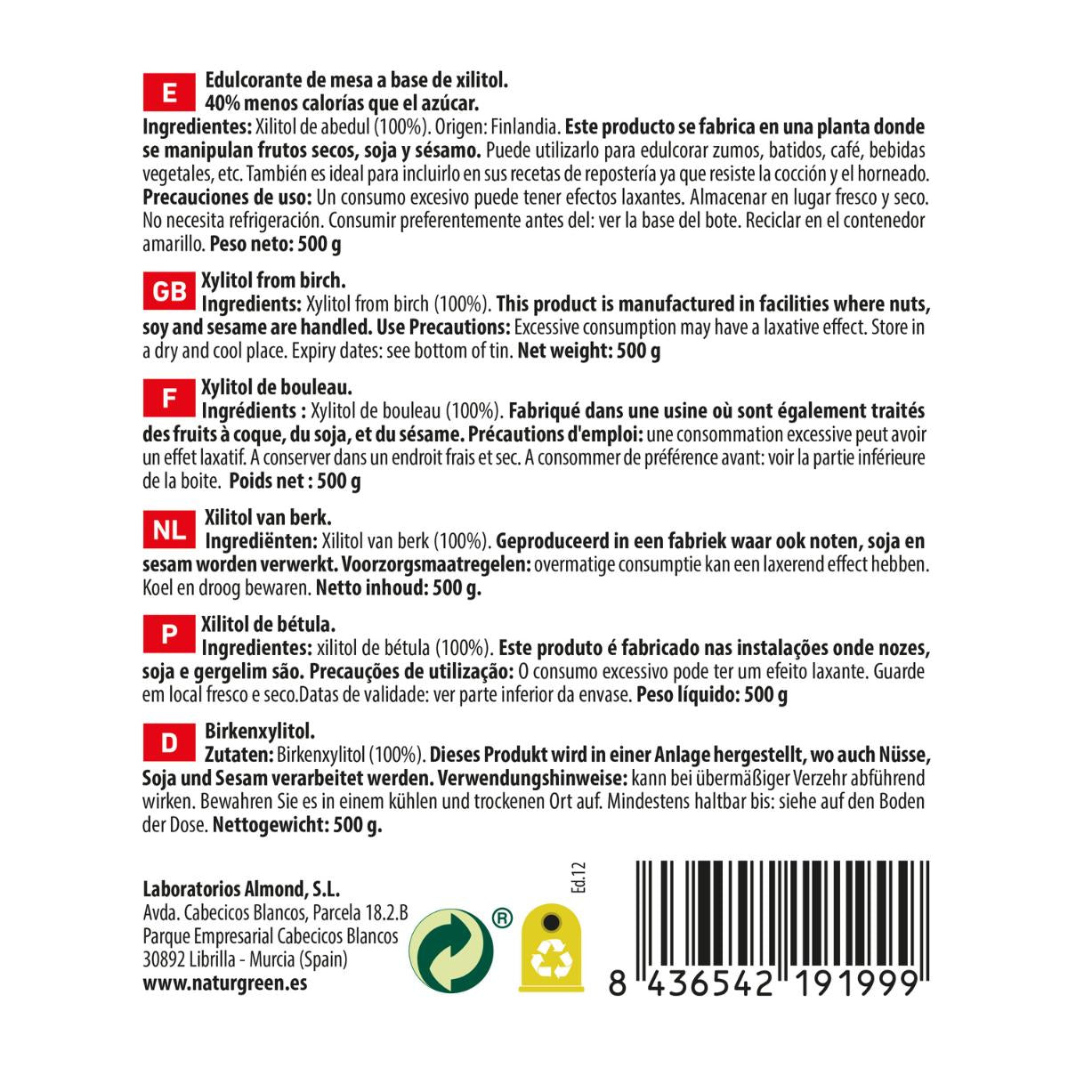 Açúcar de Bétula Naturgreen Xilitol 500 g