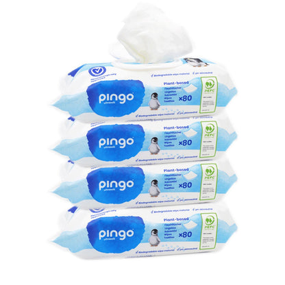Embalagem com 4 toalhitas Pingo 100% biodegradáveis, 80 unidades