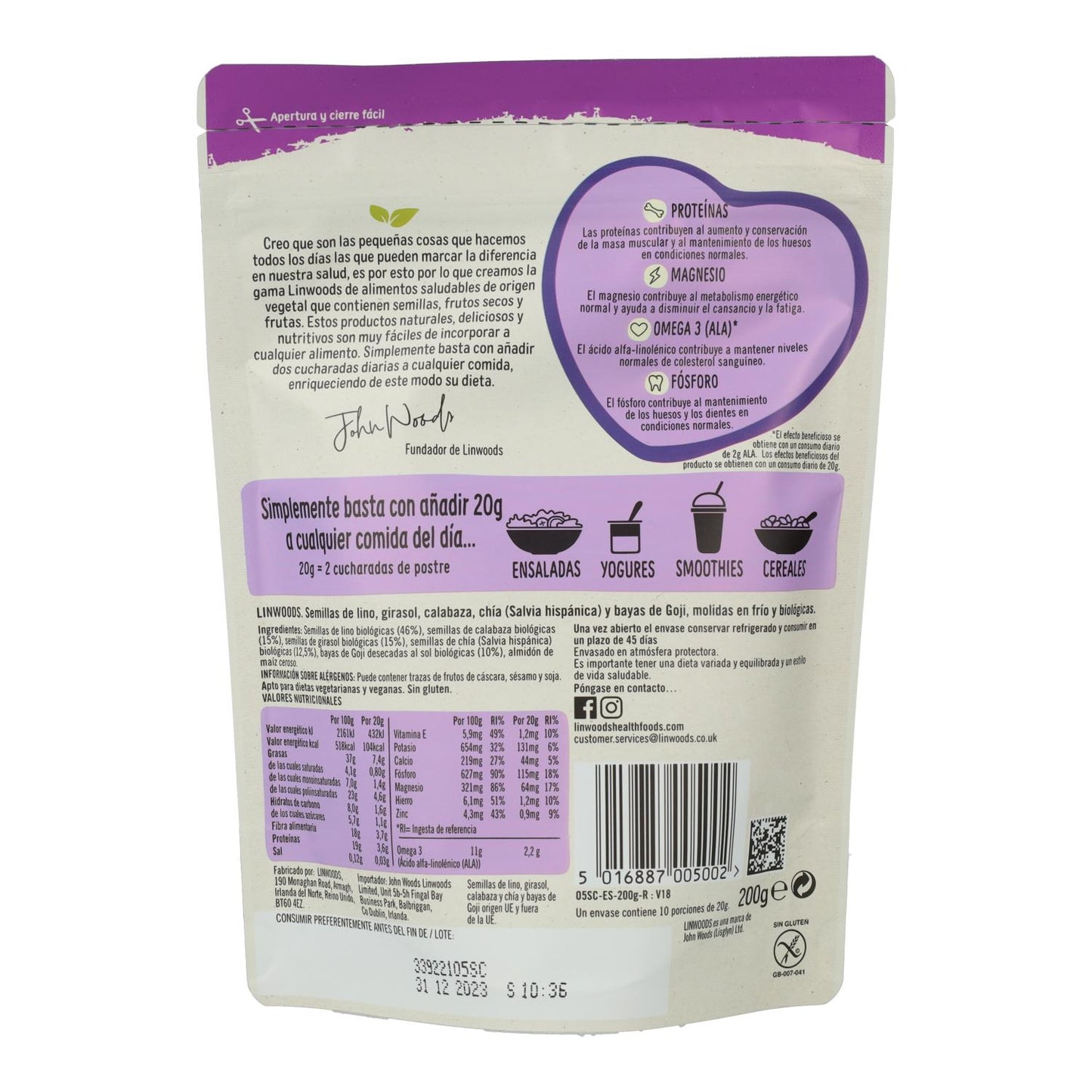 Linwoods Linhaça Moída Biológica, Girassol, Abóbora, Chia e Goji Berries 425g