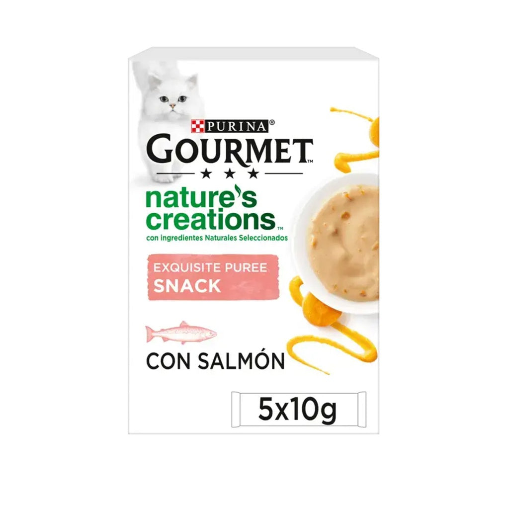 Embalagem de 11 x GOURMET Nature's Creations Exquisite Puree Snack Líquido com Salmão e Cenoura 5x10g