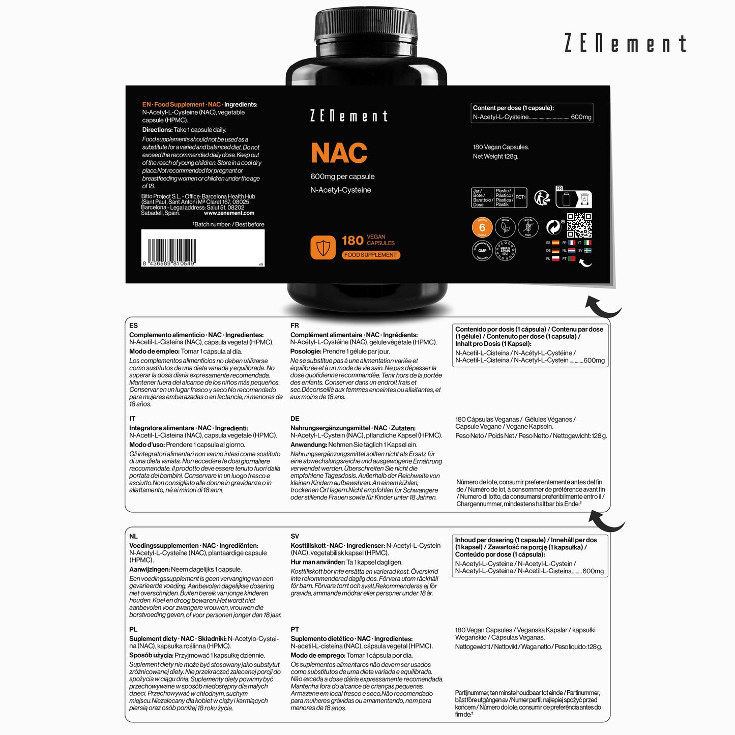 NAC N-Acetil-Cisteína, 600 mg Zenement, 180 comprimidos vegan NAC 600 mg