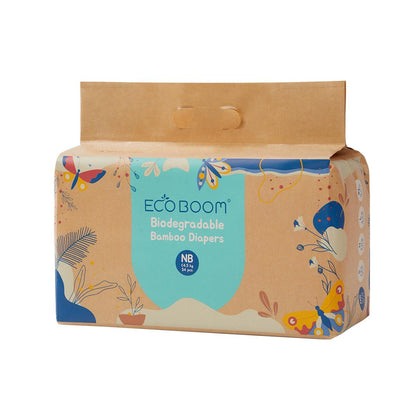 ECOBOOM - Fralda de Bambu Eco Boom. 70% biodegradável, hipoalergénica (tamanho 1/NB, < 3 kg, embalagem de 4 sacos, total de 136 fraldas)