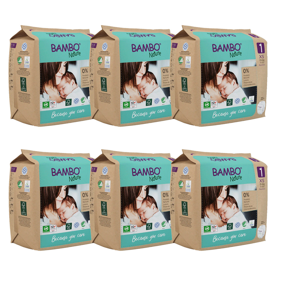 Pack de 6 fraldas Bambo Nature T1 (2-4g) 22 unidades
