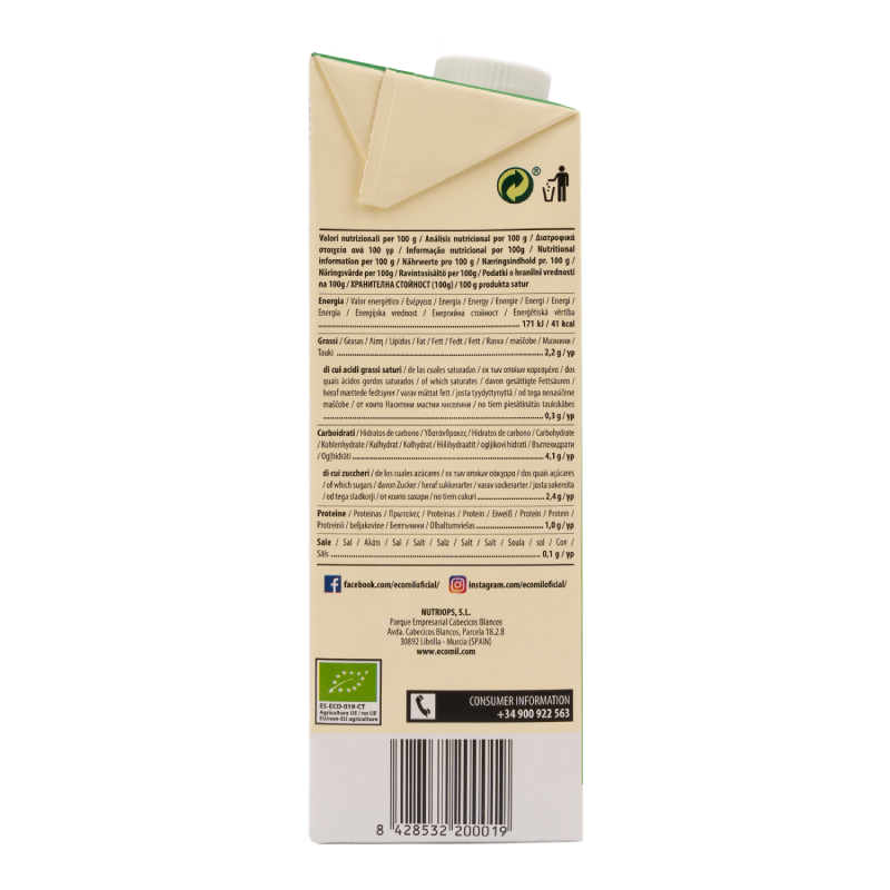 Bebida Vegetal de Amêndoa adoçada com Agave Orgânico EcoMil 1 L