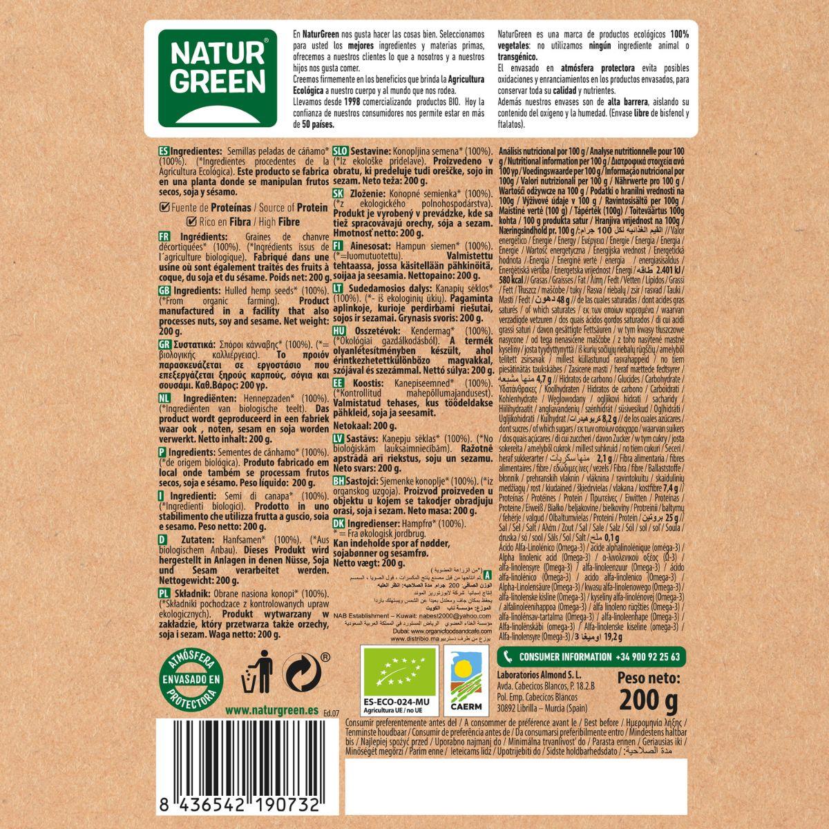 Sementes de Cânhamo Descascadas Naturgreen 200 g