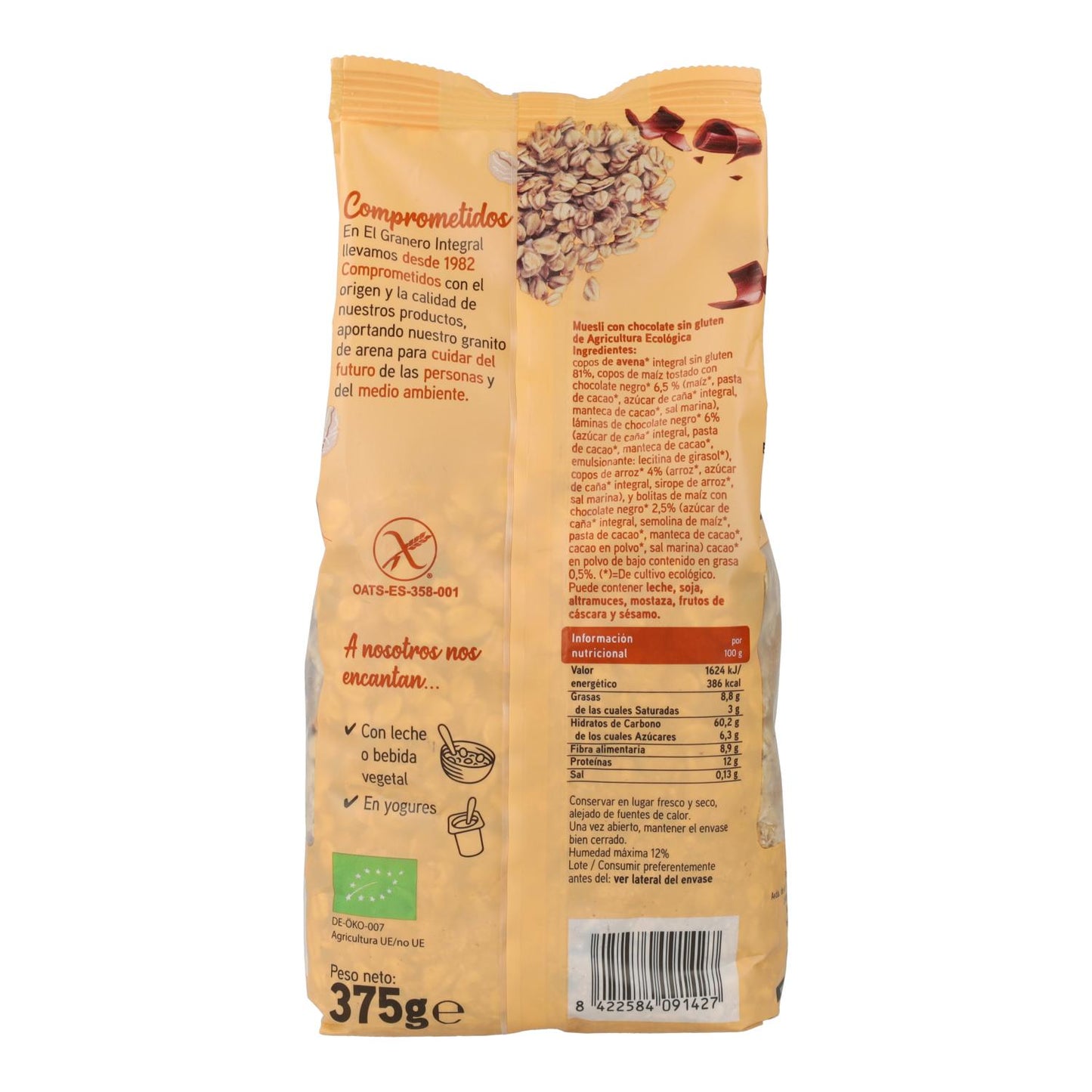 Muesli de chocolate sem glúten biológico El Granero, 375g