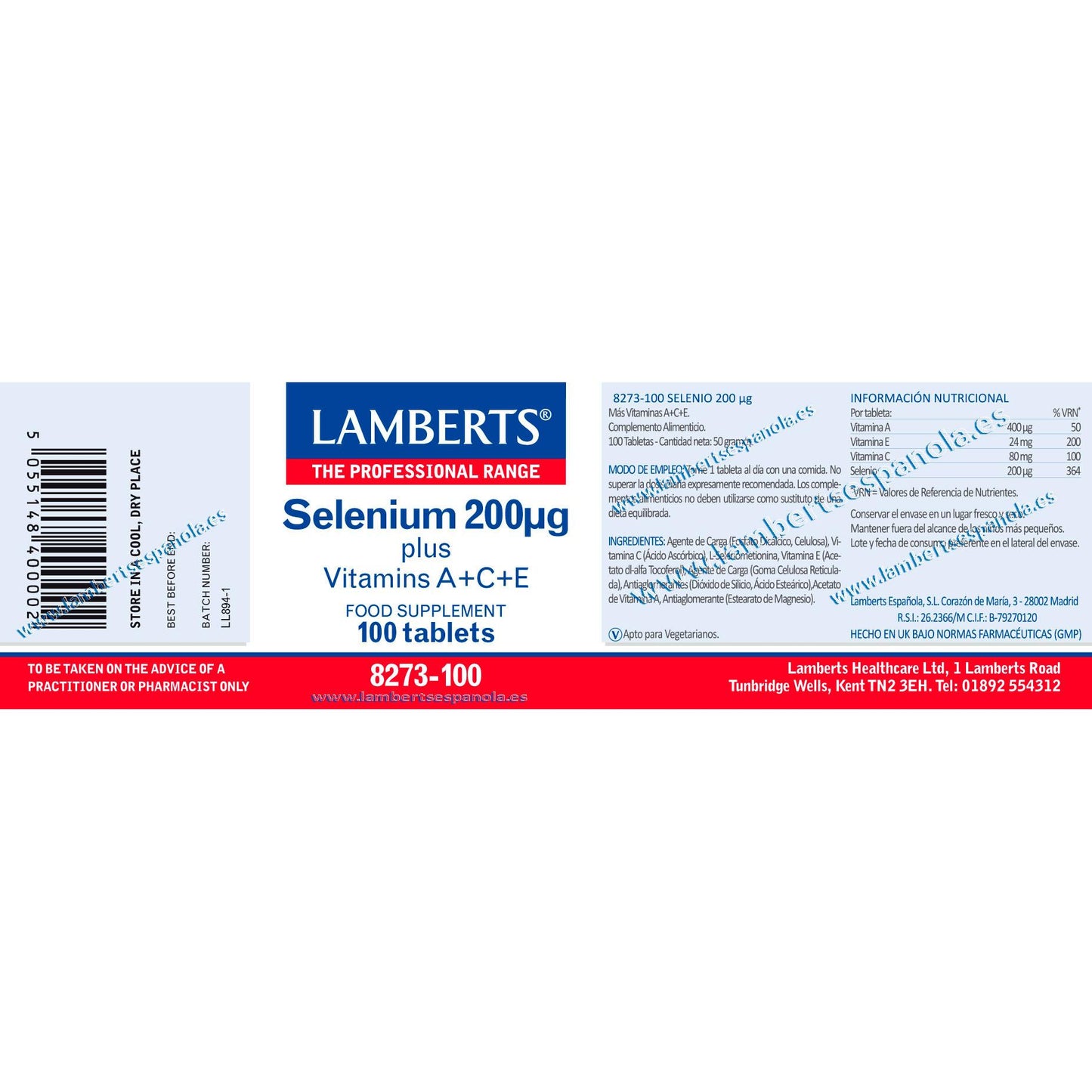Selénio + Vitaminas A, C e E Lamberts 100 comprimidos 200mcg