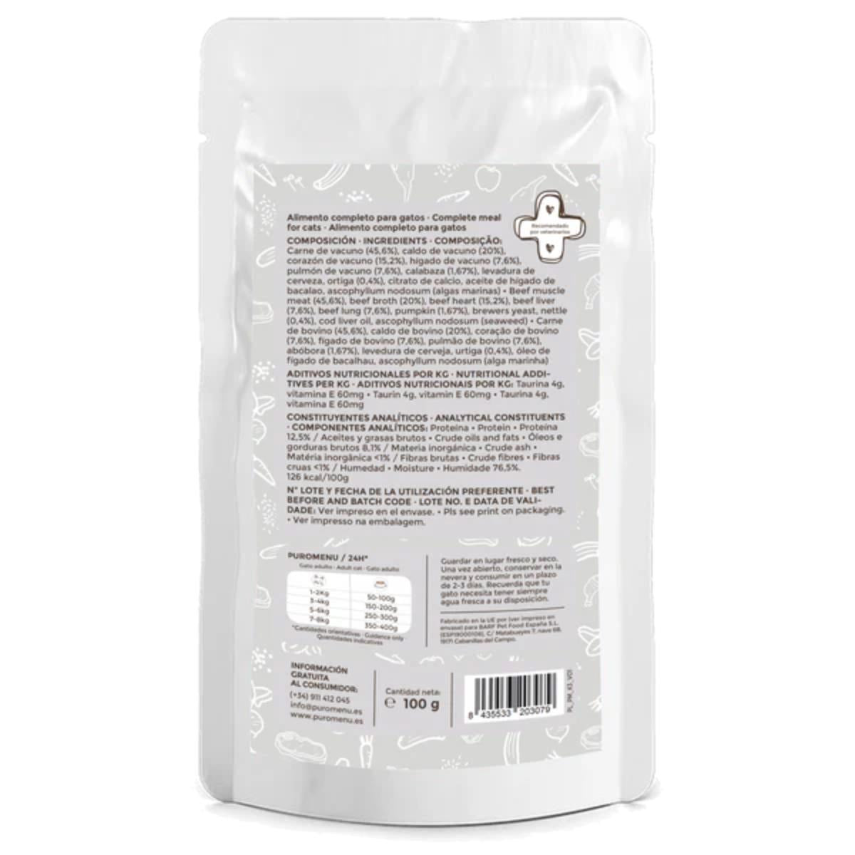 Comida húmida Barf gatos Bigotes Felices (Bovino) Bio Puromenu 100g