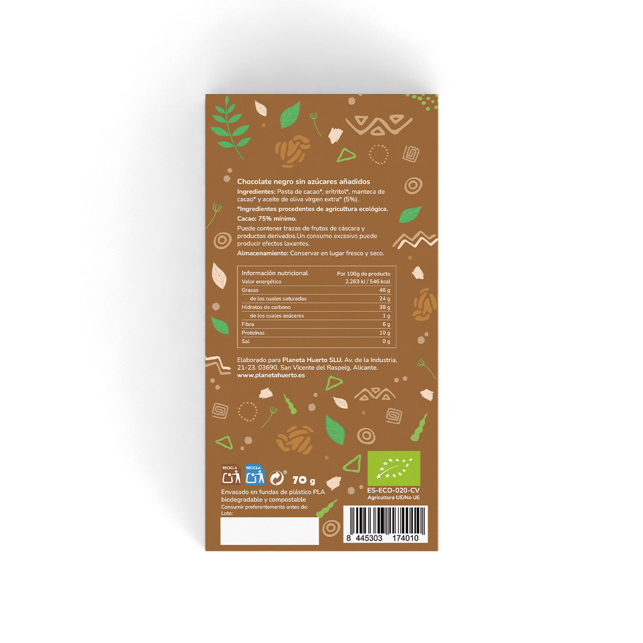 Barra de chocolate negro 75% sem adição de açúcares ECO Planeta Huerto 70 g