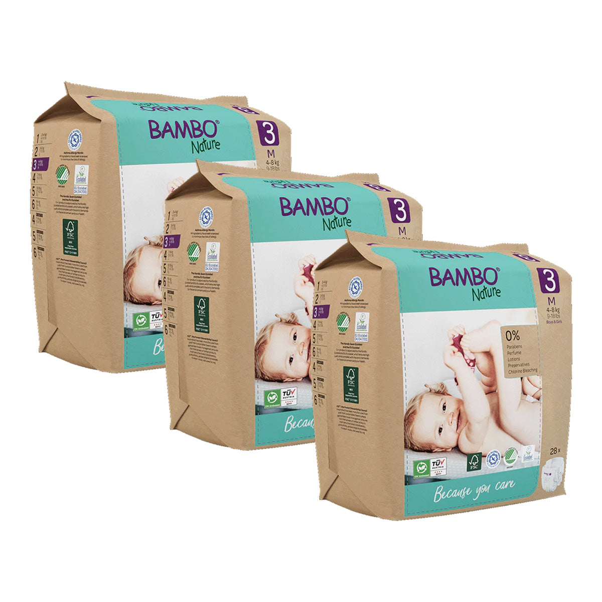 Pack de fraldas Bambo Nature tamanho 3, (4-8 kg), 3 x 28 unidades