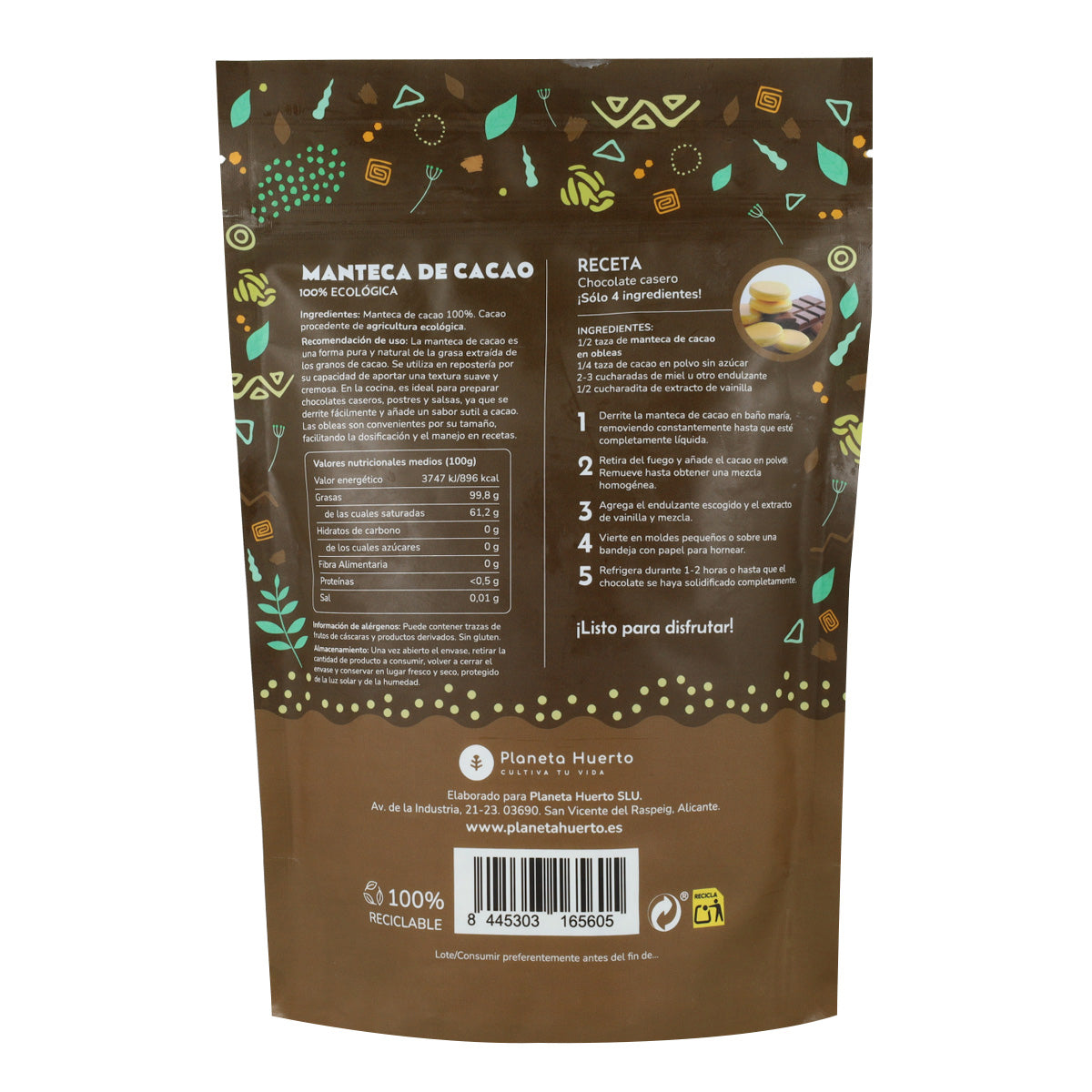 Manteiga de cacau pura em pedaços ECO Planeta Huerto 250 g
