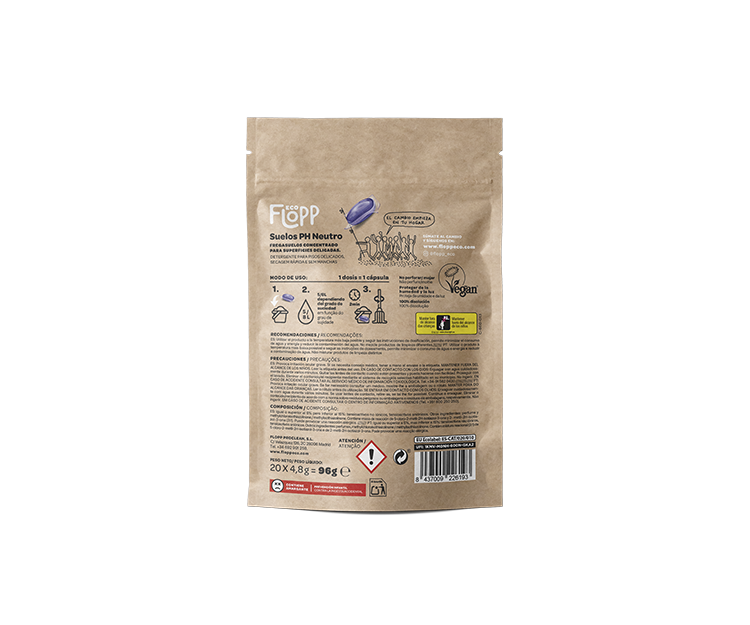 Produto de limpeza de pavimentos ECO pH neutro, embalagem doypack, Flopp, 20 cápsulas
