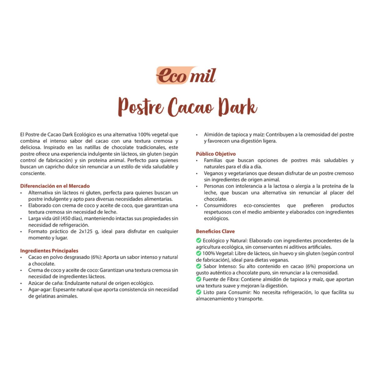 Sobremesa de Cacau Amargo Biológico Ecomil 2 unidades de 125 g
