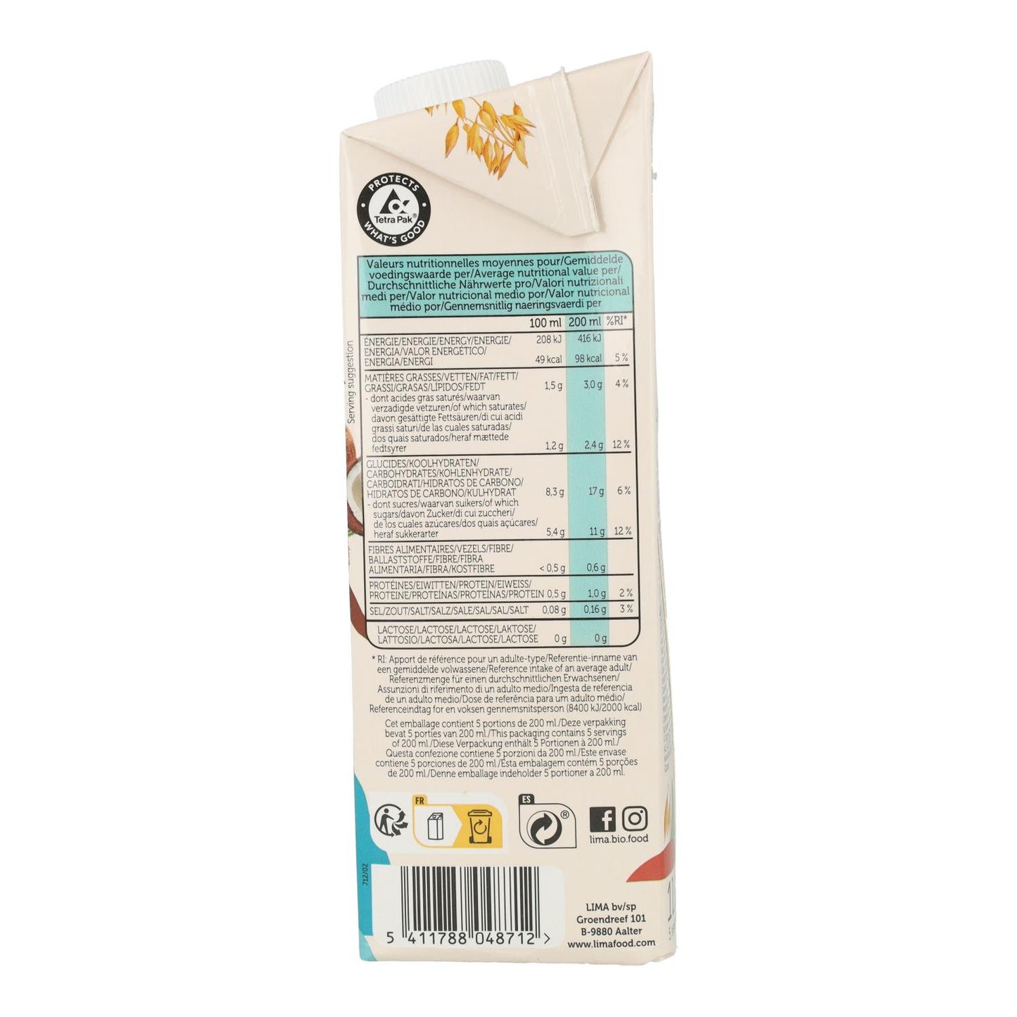 Bebida Vegetal Biológica de Aveia e Coco Lima 1L