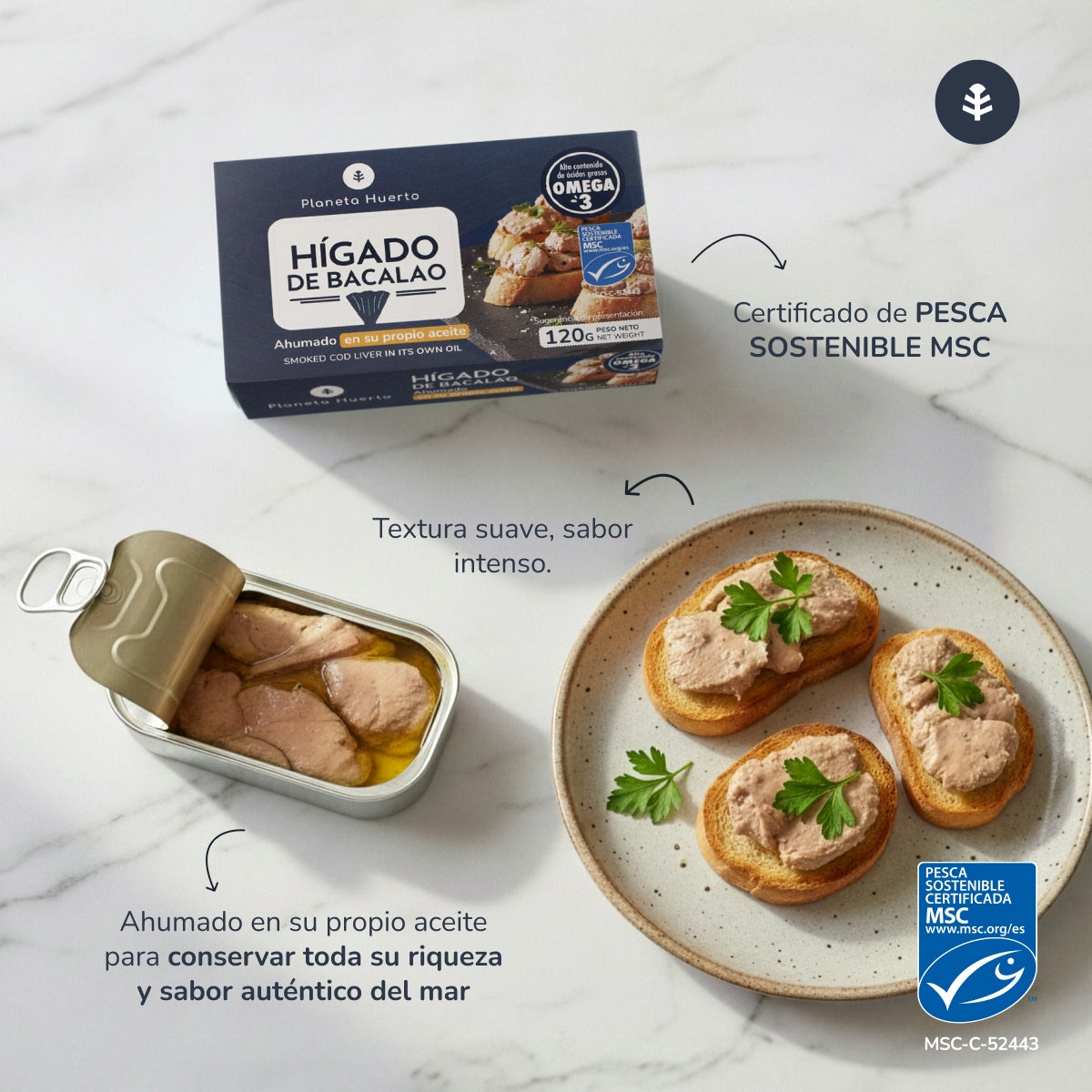 Hígado de bacalao MSC en su propio aceite pesca sostenible Planeta Huerto 120 g