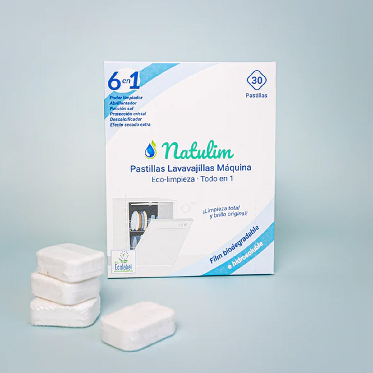Embalagem com 2 pastilhas Eco 6 em 1 para máquina de lavar loiça, Natulim, 30 unidades