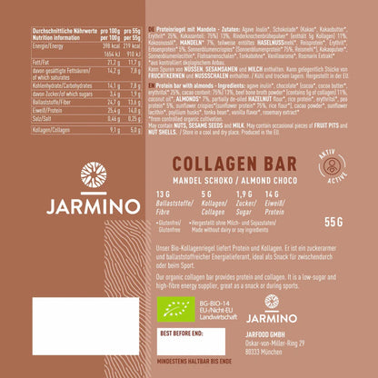 Barra de Colagénio e Proteína Jarmino de Amêndoa e Cacau Biológicos