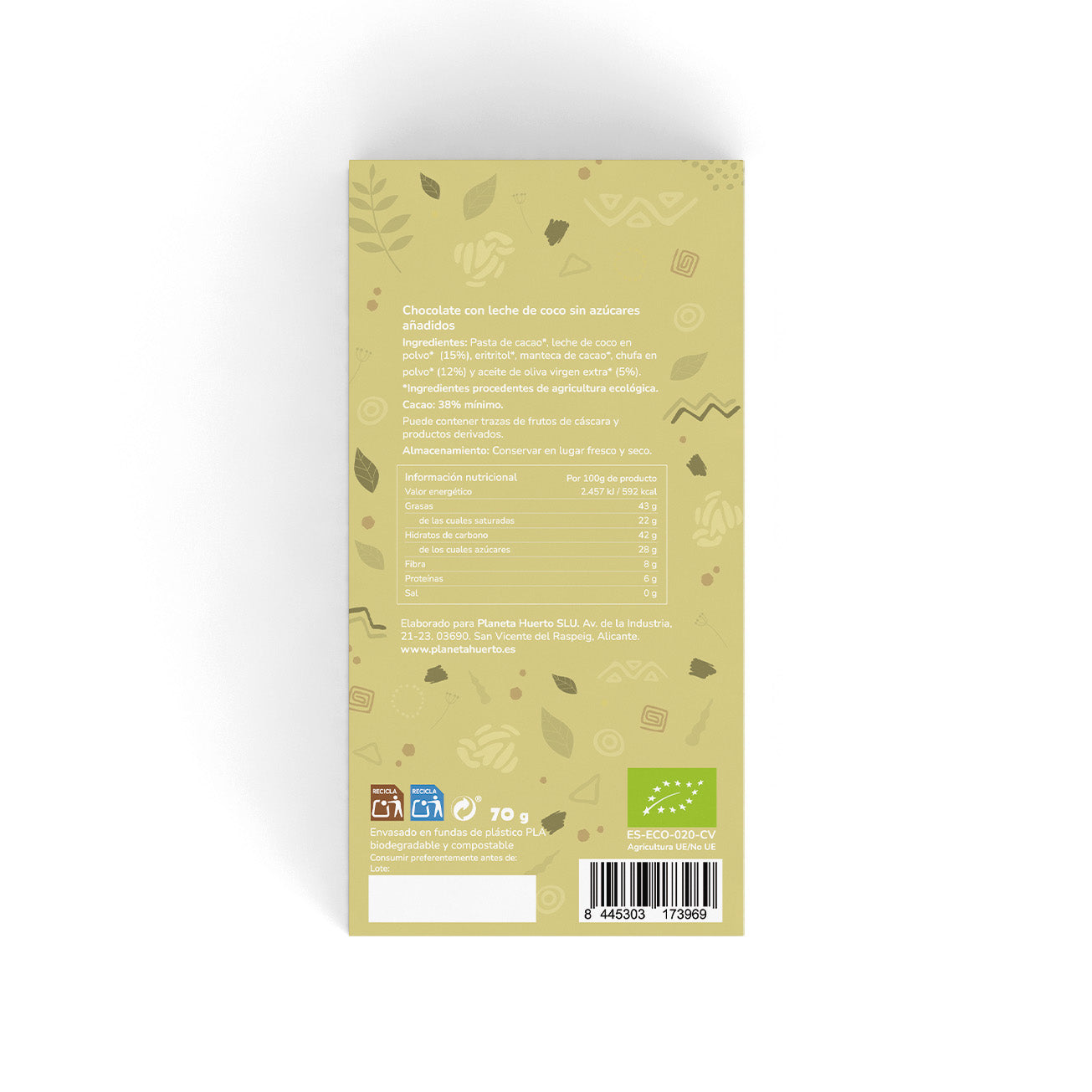Barra de chocolate de leite de coco 38% vegan sem adição de açúcares ECO Planeta Huerto 70 g