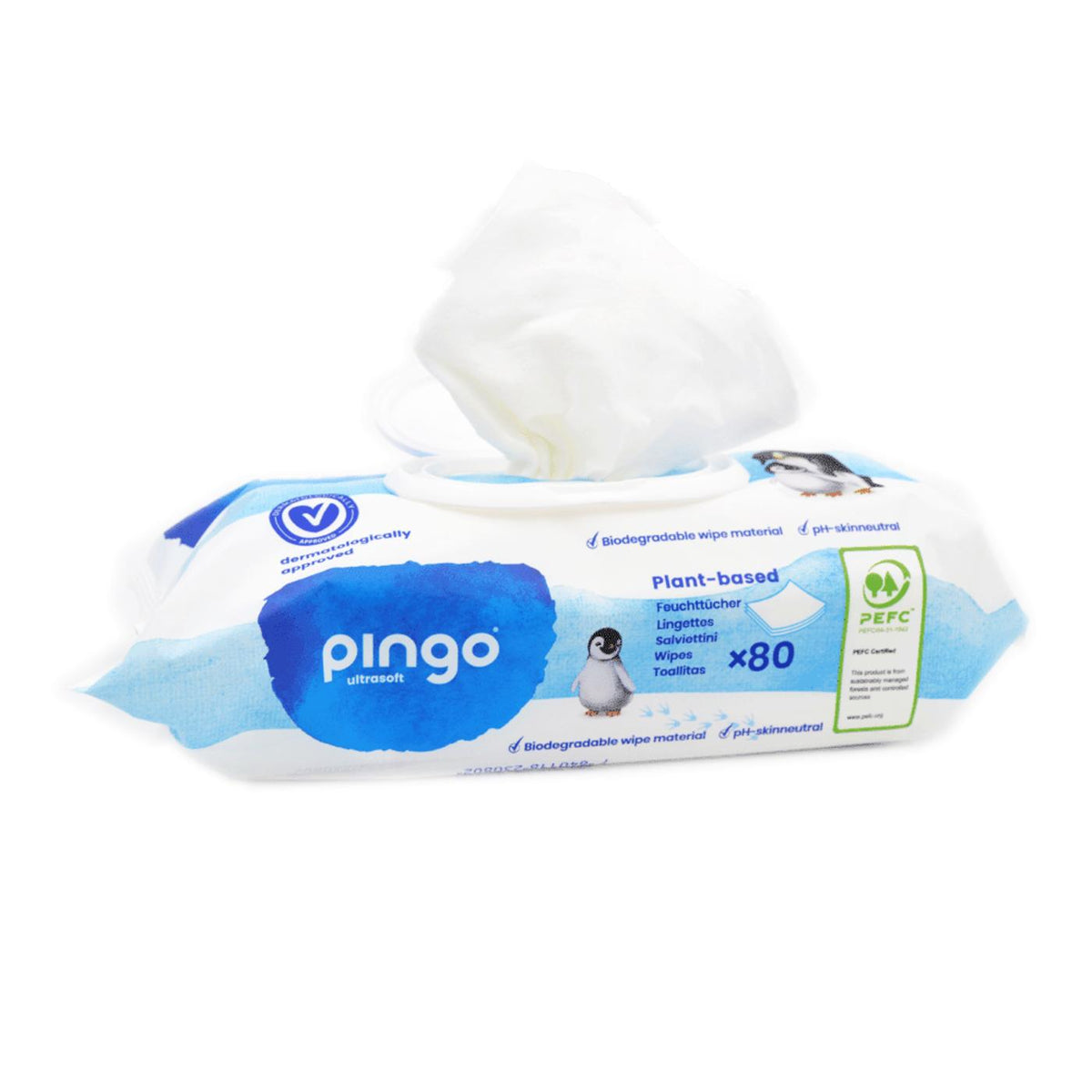 Embalagem com 4 toalhitas Pingo 100% biodegradáveis, 80 unidades
