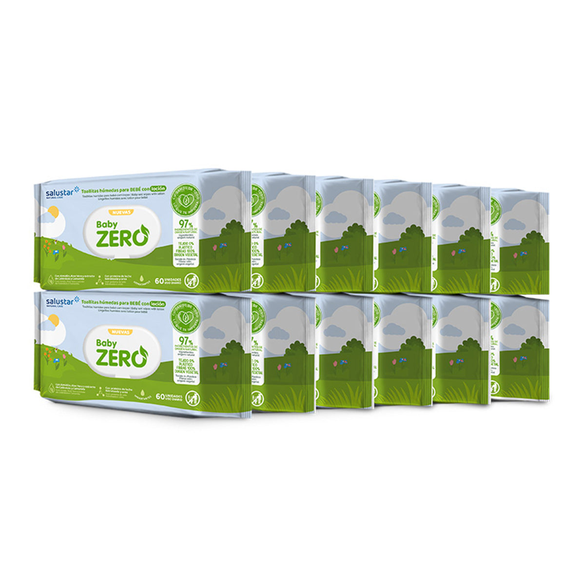 Embalagem de 12 toalhitas biodegradáveis ​​​​Salustar, 80 unidades