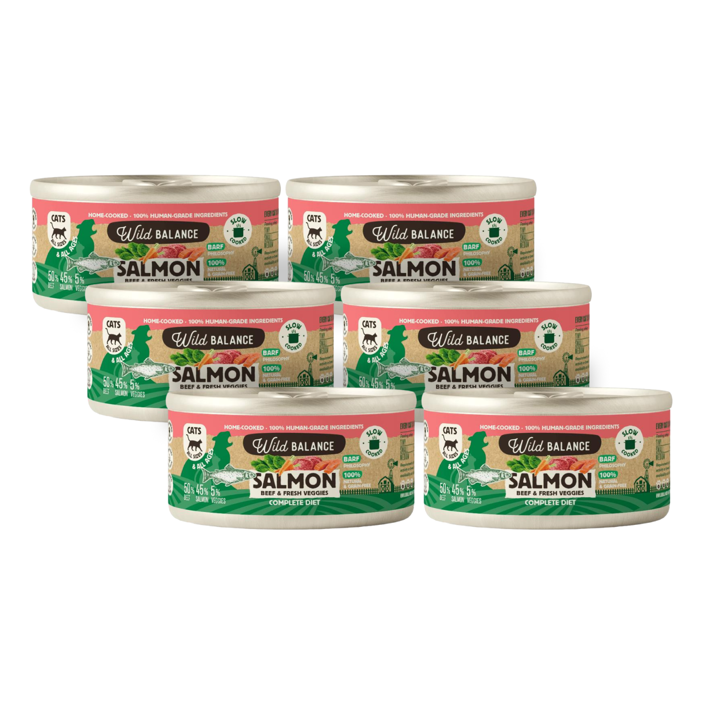 Ração enlatada BARF Wild Balance Salmão e Carne para gatos 6 x 120 g