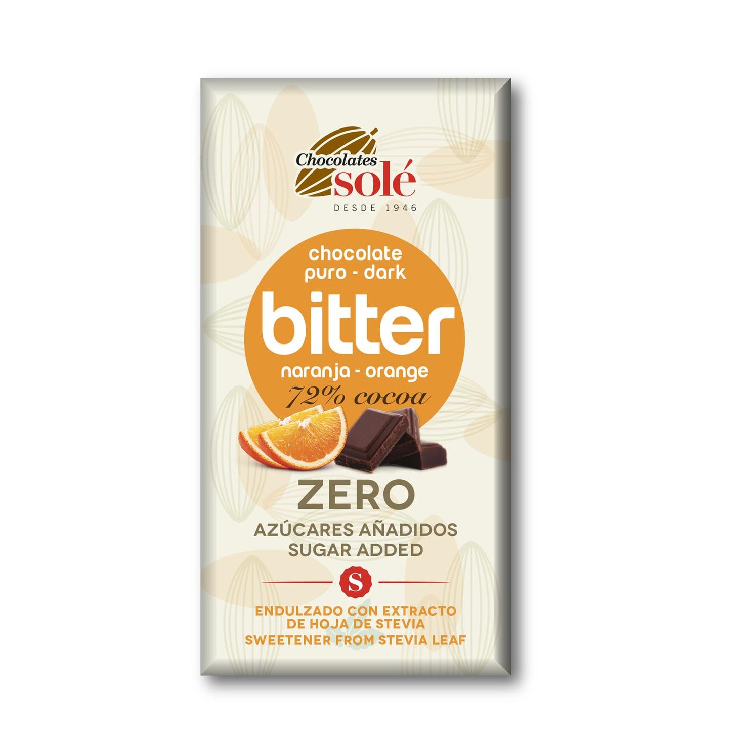 Barra de chocolate 72% Stevia laranja amarga 100g Solé