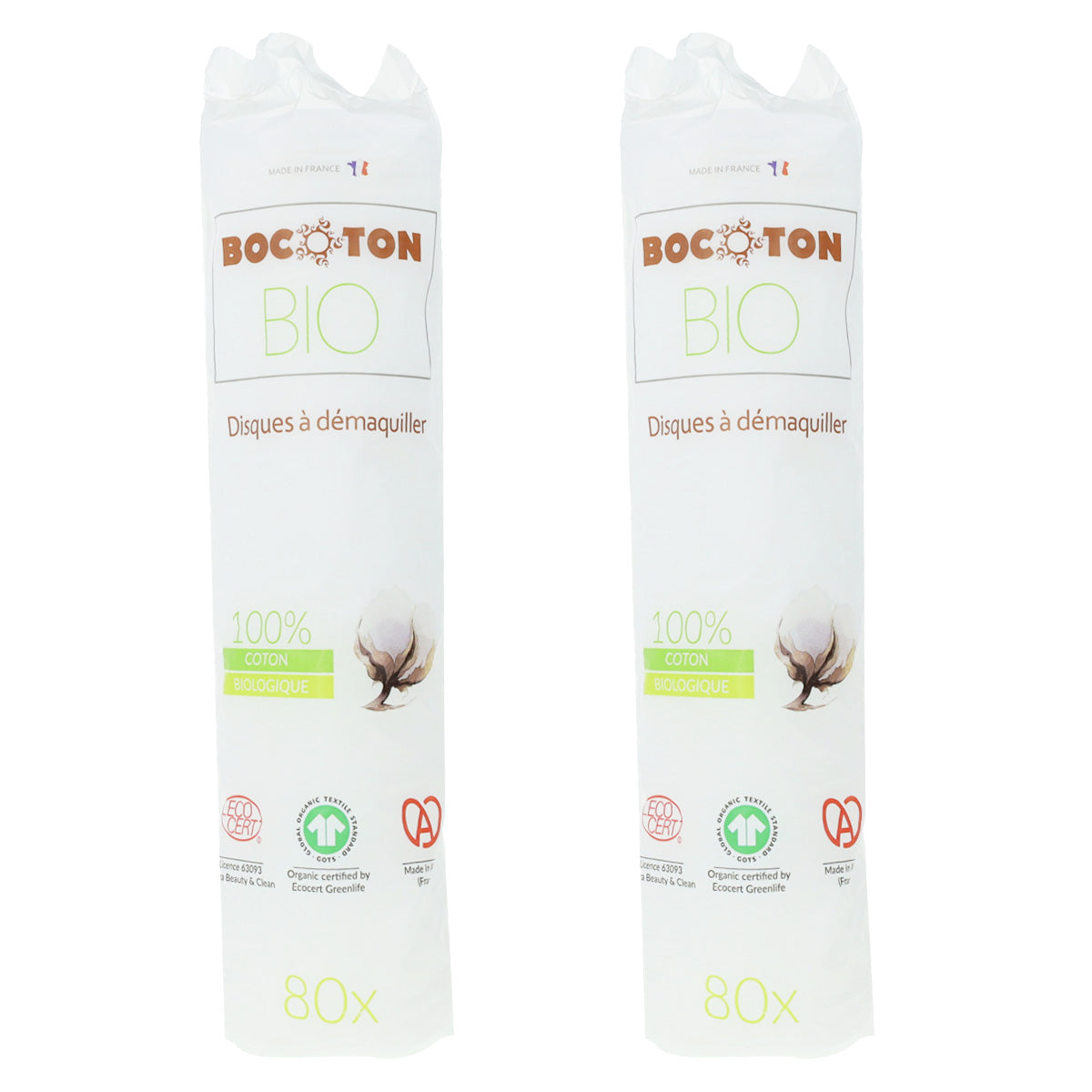 Pack 2x Discos desmaquillantes algodón Bio Bocoton 80 discos