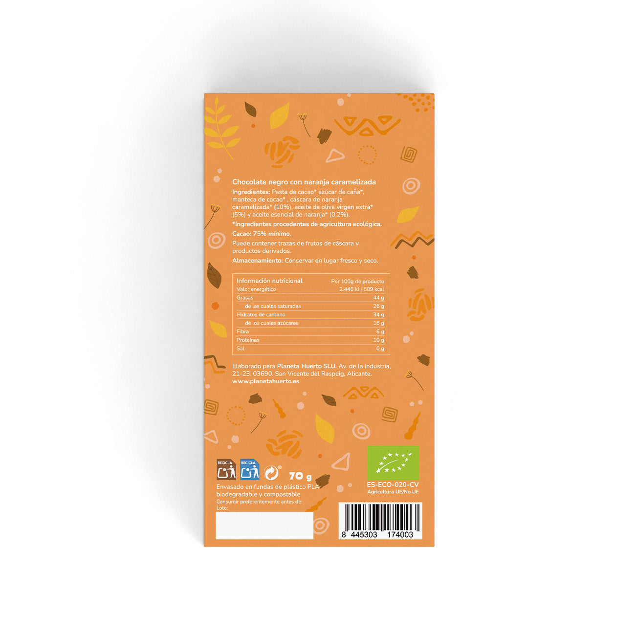 Barra de chocolate negro 75% com laranja caramelizada ECO Planeta Huerto 70 g