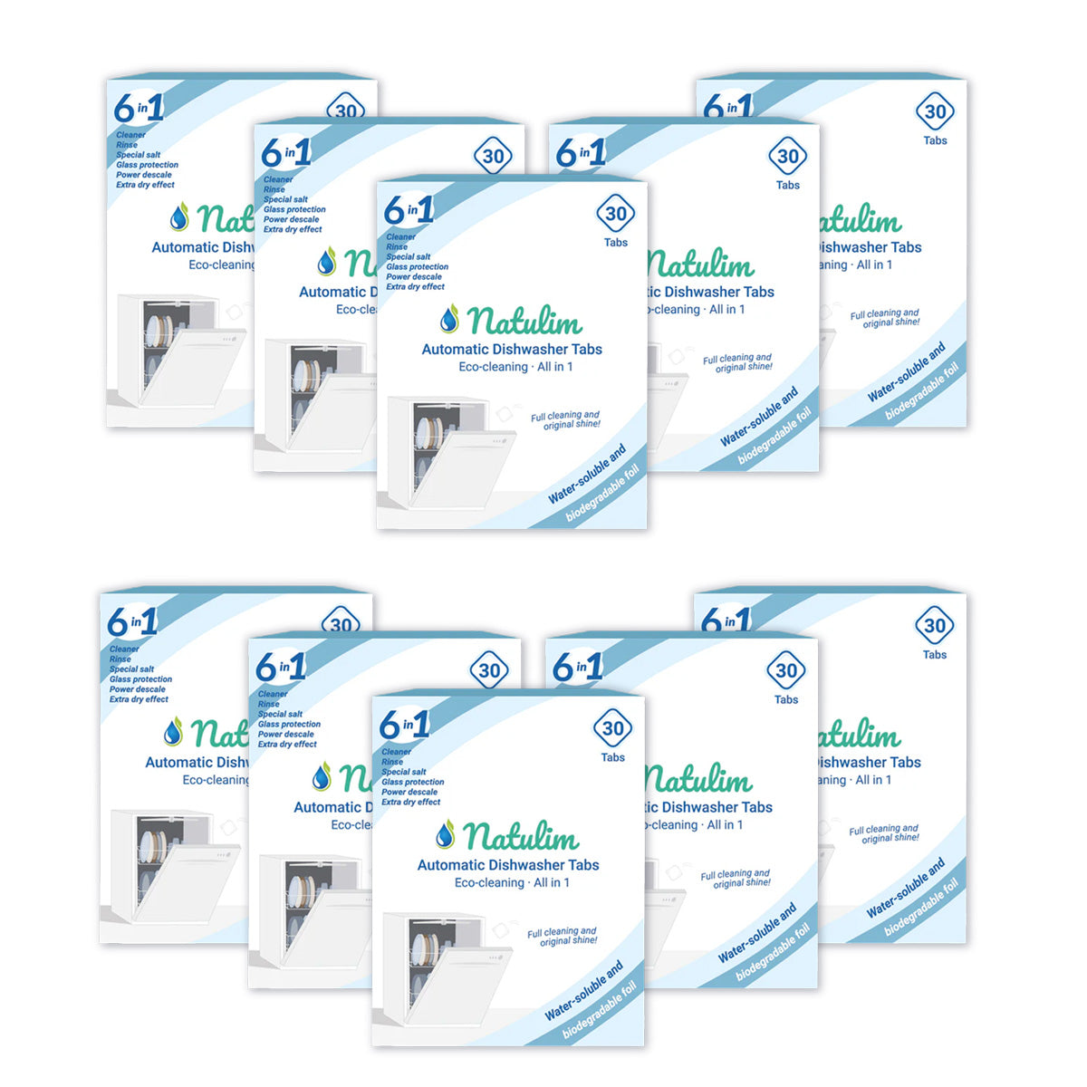Embalagem com 10 pastilhas Eco 6 em 1 para máquina de lavar loiça, Natulim, 30 unidades