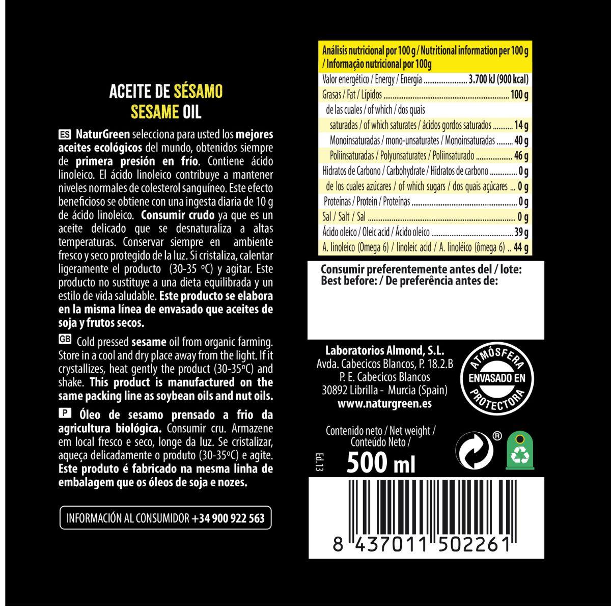 Óleo de Sésamo Biológico NaturGreen. 250 ml