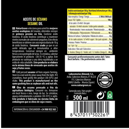 Óleo de Sésamo Biológico NaturGreen. 250 ml