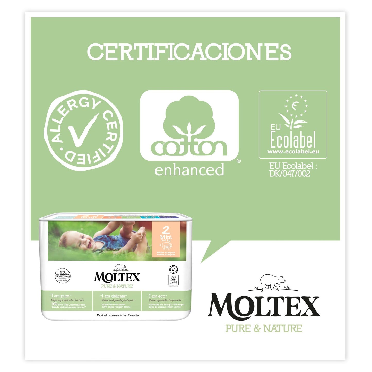Fraldas T2 (3-6 kg) Moltex Pure &amp; Nature, 36 unidades