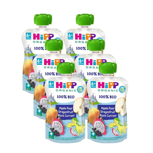 Pack de 6 saquetas Dragon (maçã, pera, pitaia e groselha) Bio HiPP