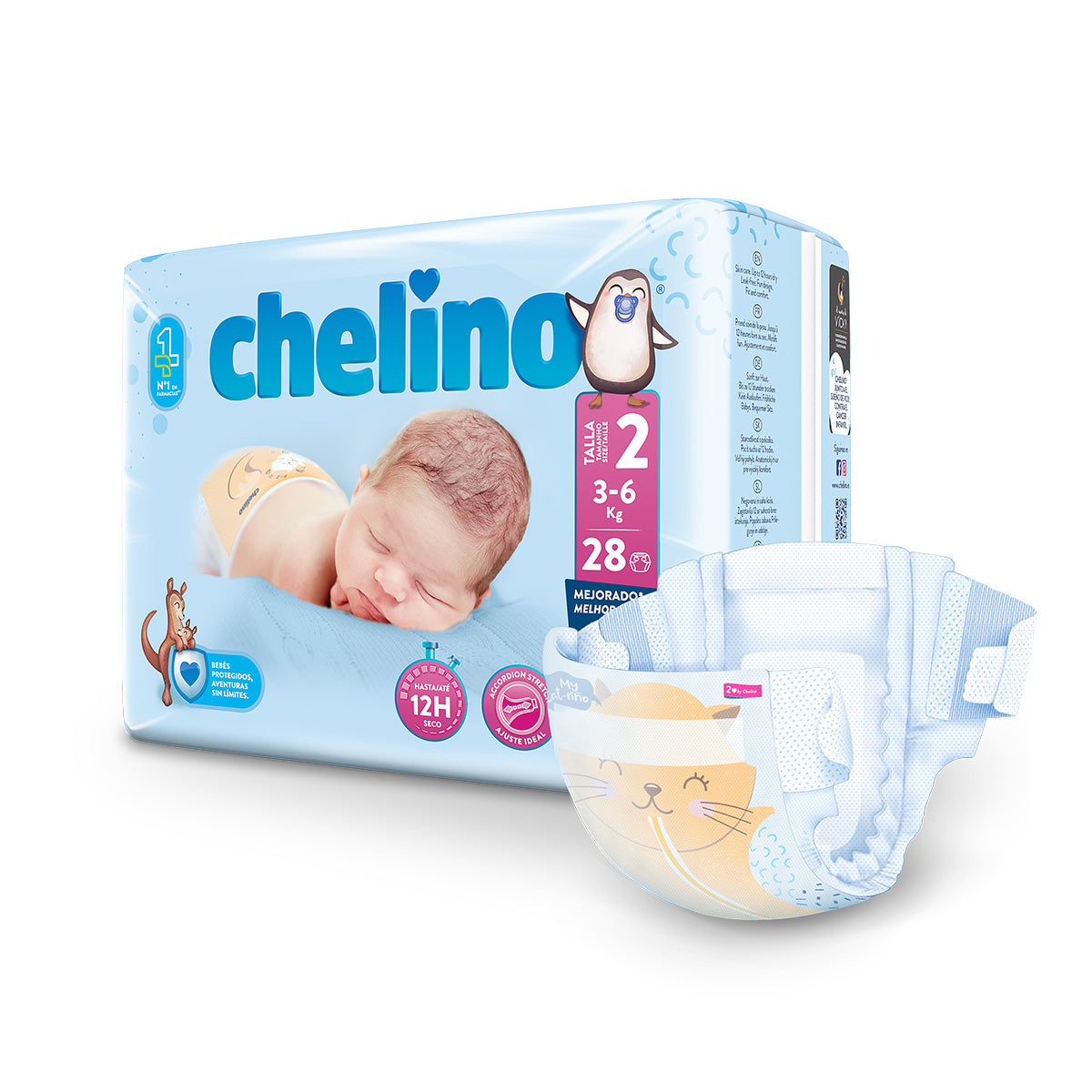 FRALDA CHELINO T2 Recém-Nascido (3-6Kg) 28 unidades