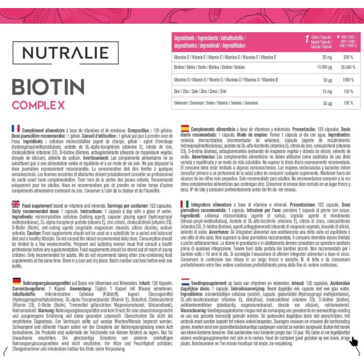 Nutralie Biotin Complex 10.000 mcg Cabelo, Pele, Unhas, 120 Cápsulas 