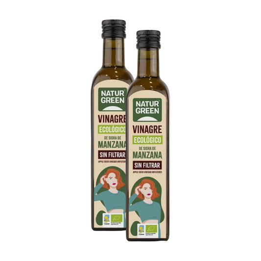 Embalagem de 2 vinagres de maçã biológicos não filtrados NaturGreen 500 ml