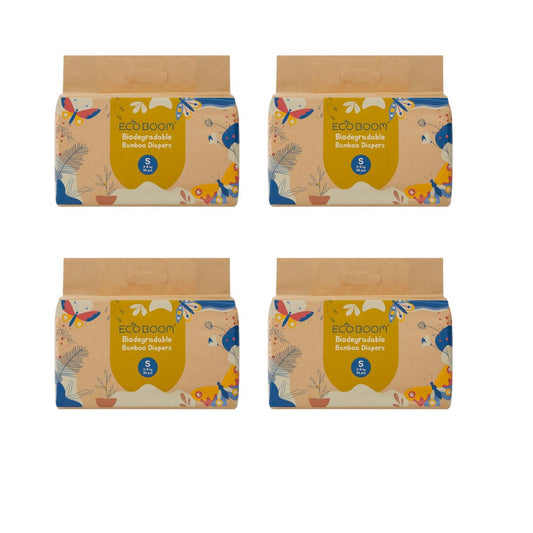 ECOBOOM - Fralda de Bambu Eco Boom. 70% biodegradável, hipoalergénica (tamanho 2/P, 3-8 kg, embalagem de 4 saquetas, total de 144 fraldas)