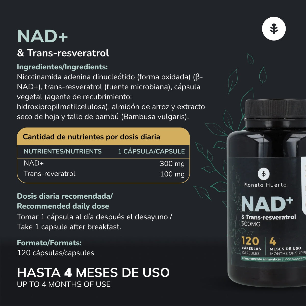 NAD+ Trans-resveratrol Planeta Huerto 120 cápsulas