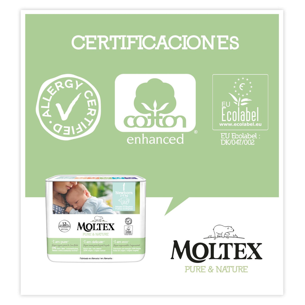 Fraldas T1 (2-5kg) Moltex Pure &amp; Nature, 22 Unidades