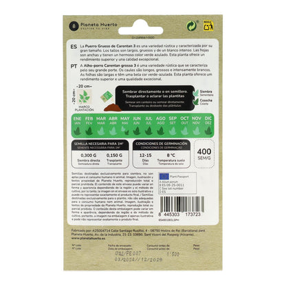 Sementes de alho-francês grossas biológicas Carentan da Planeta Huerto
