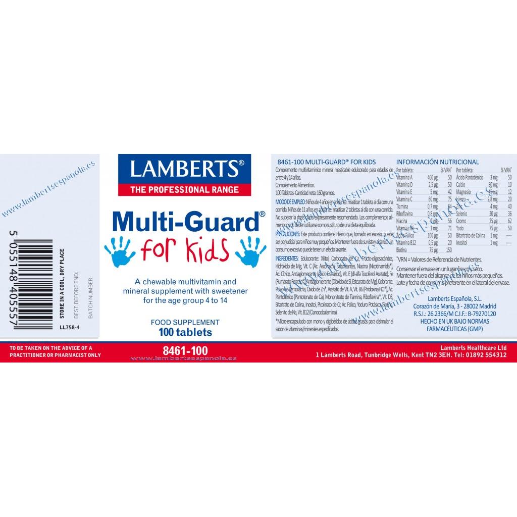 Pack de 2 Multi-Guard para Crianças. Vitaminas e Minerais, Lamberts, 100 comprimidos para mastigar.
